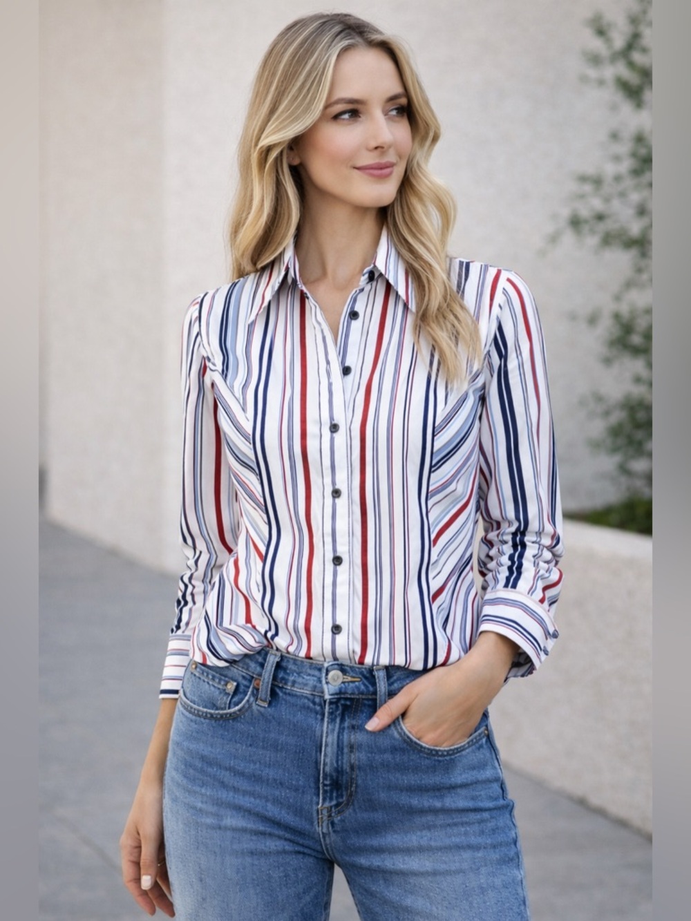 Tommy Hilfiger Striped Button Down Shirt Red White Blue Cotton Size Small